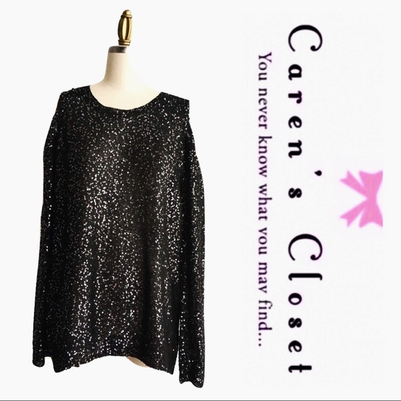 DKNYC Black Sequin Cold Shoulder Knit Sweater Top - Picture 2 of 6
